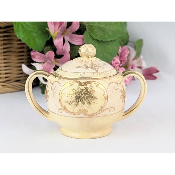 Antique 1920s Moriyama Porcelain Sugar Bowl w/Lid Dual Handle Mori-Machi Nippon - Picture 2 of 10